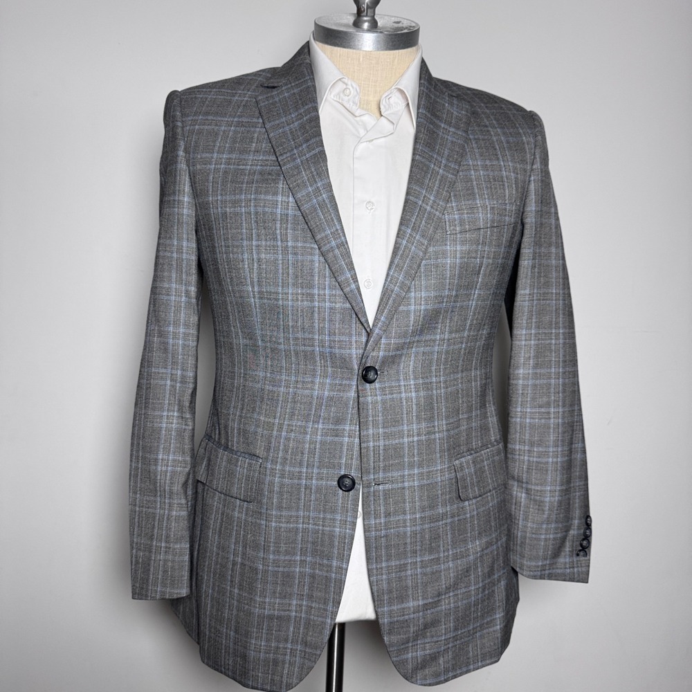Pronto Uomo Platinum Sport Coat Mens 42L Grey Blue Plaid Wool Blend Blazer